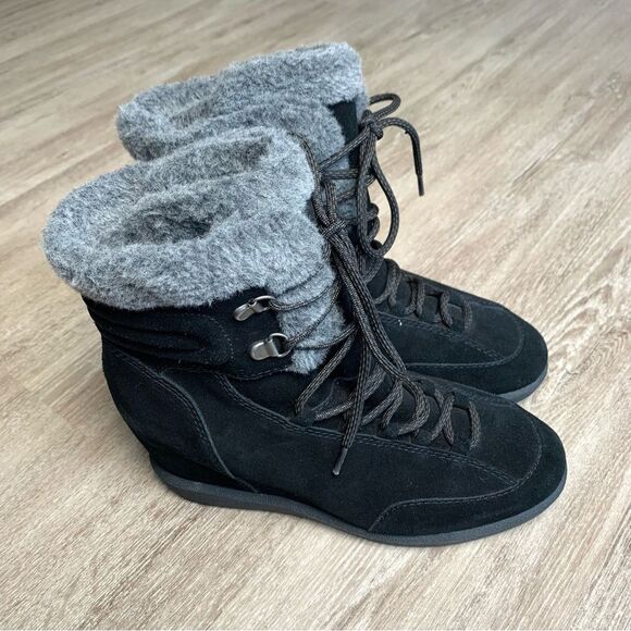 Nine West Growler Black Leather Suede Fur Wedge Boots - Picture 1 of 7